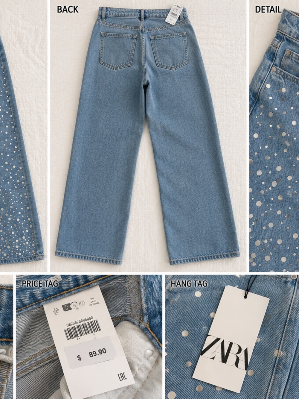 Zara Blue Straight-Leg Jeans with Metallic Dot Detail